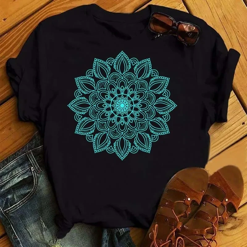 Maycaur New Mandala Floral Printed T Shirt Women Casual Fashion T-shirt Loose Short Sleeve 90s Girls Aesthetics Black Tshirt Top