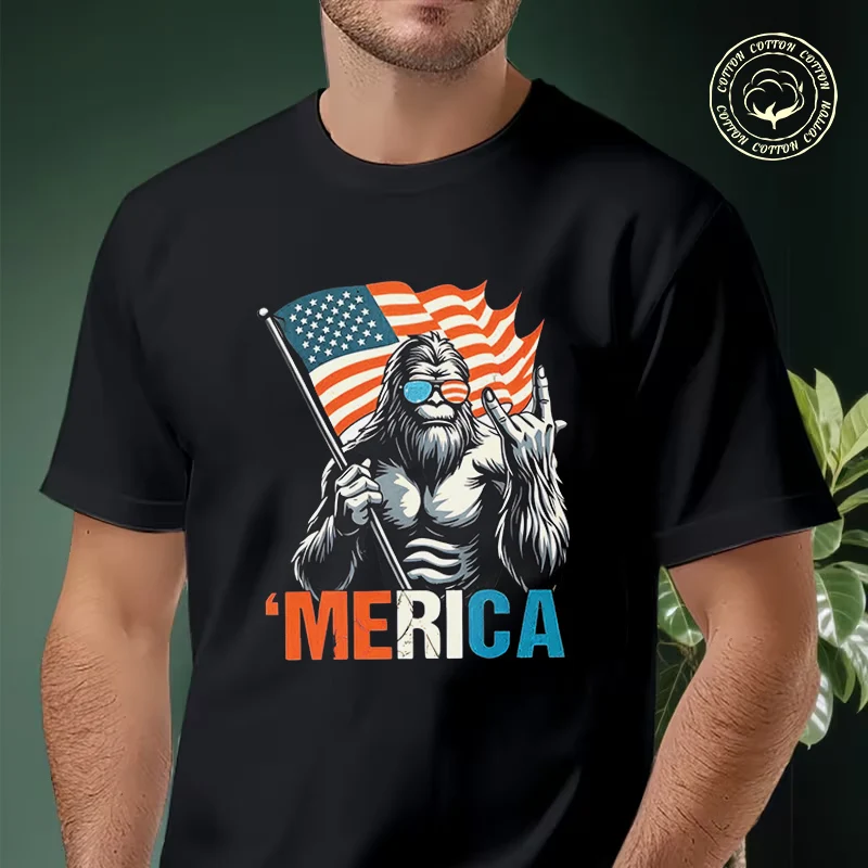 

Bigfoot USA Flag 'Merica Print Motorcycle T-Shirt Men Hip Hop Streetwear Unisex Casual Fashionable Short Sleeve Tops Tee