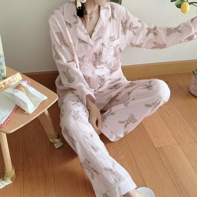2024 New Long Sleeved Pajamas Women Spring Autumn Sleepwear Sweet Printed Cotton Homewear V-neck Loose Loungewear Two-piece Set