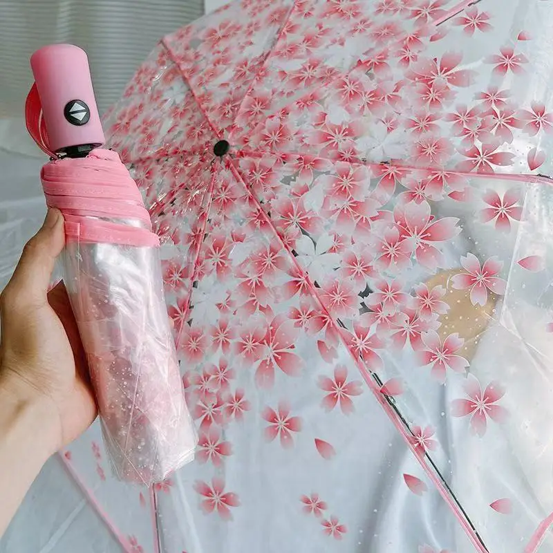 Automatic Transparent Cherry Blossom Folding Umbrella, UV‑Protection Rain‑Sun Dual‑Use Portable Literary Style Parasol