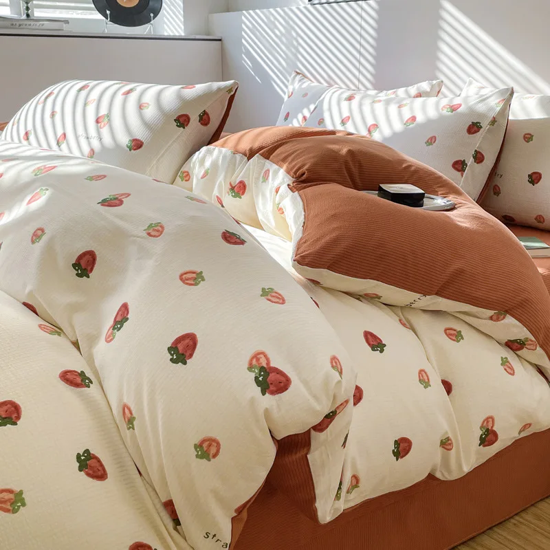 Class a Fresh Soft Glutinous Bubble Cotton Four- Spring and Summer Autumn Bed Sheet Quilt Cover Bedding Three-Piece Set