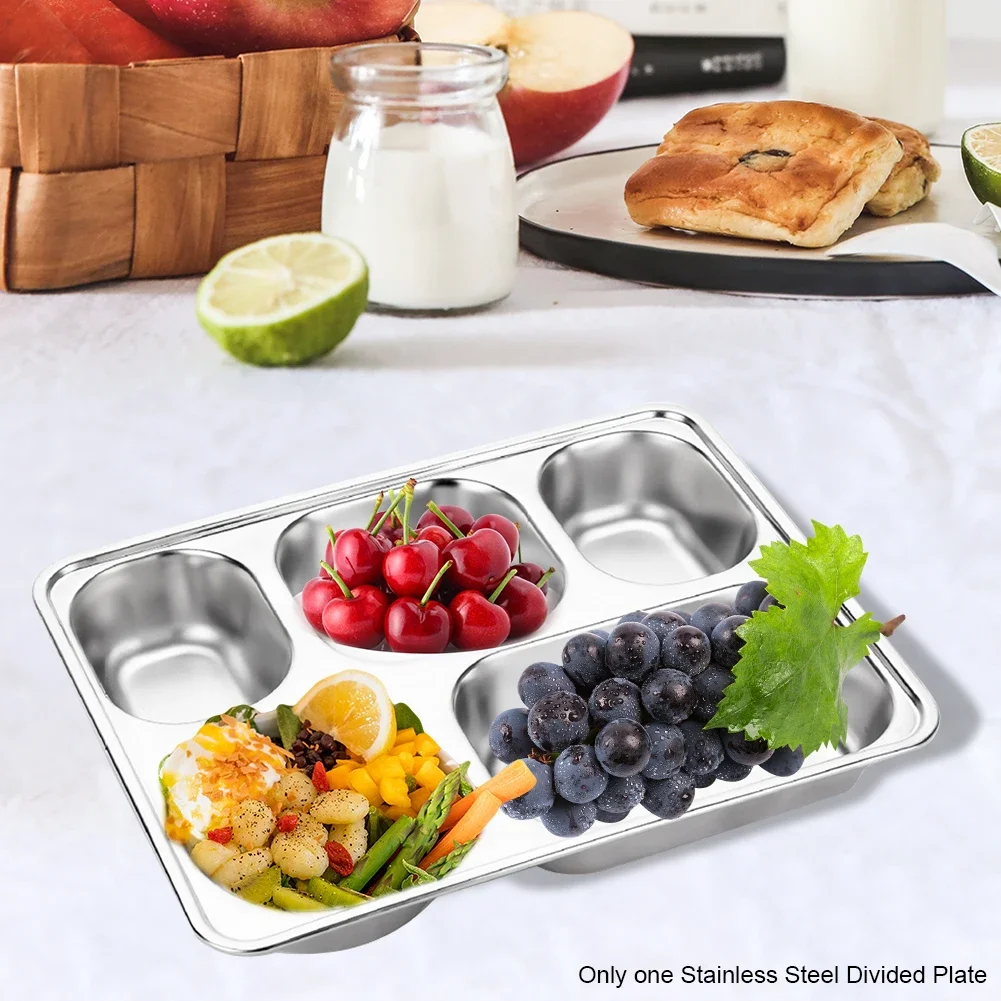 For Dinner Divided Plates Food Control Kids Stainless Steel 5 Compartment Tray Divided Plate Restaurant Kitchen Tableware