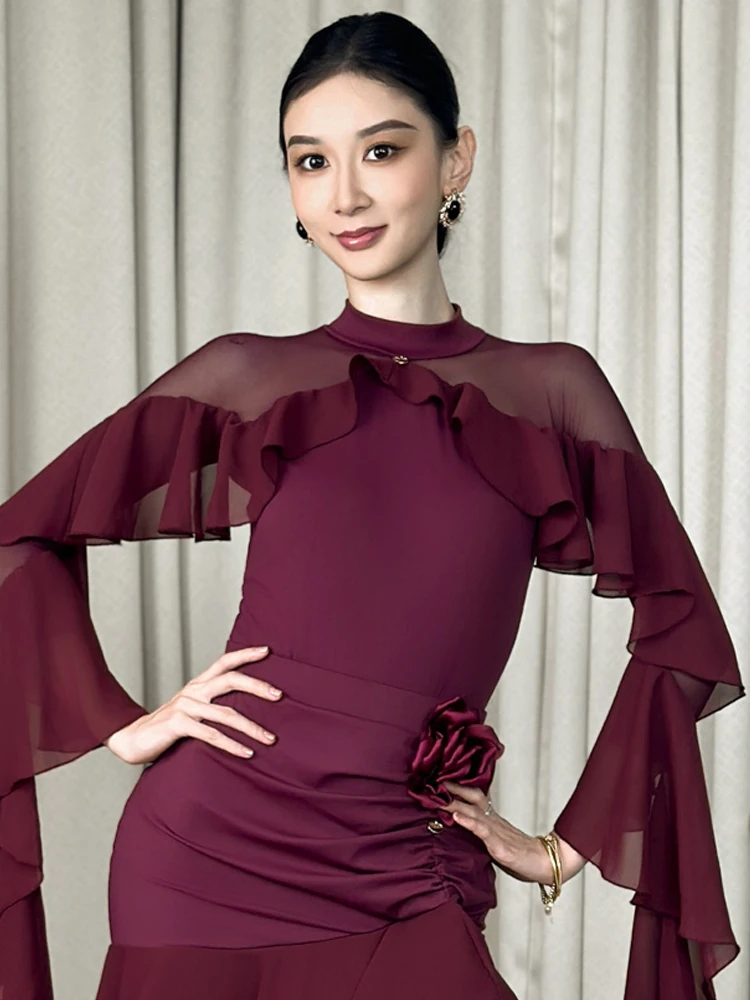 

2025 сетчатые топы с плавающими рукавами для современных танцев для женщин, рубашки для самбы, чачи, вальса, одежда для взрослых и женщин, одежда для бальных танцев, латинских танцев XH3648