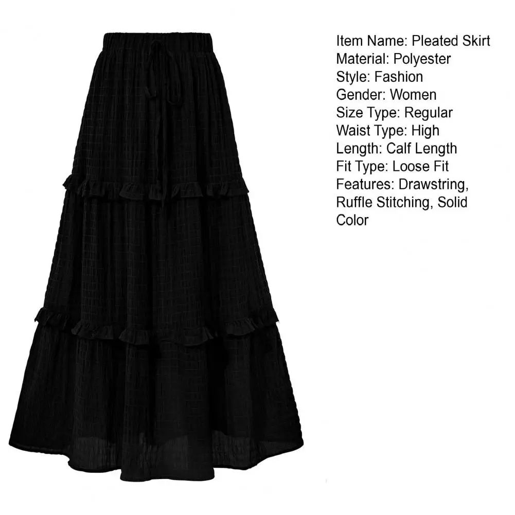 Women Midi Skirt Elastic High Waist Adjustable Drawstring Pleated Skirt Solid Color Ruffle Stitching A-Line Skirt Daily Wear