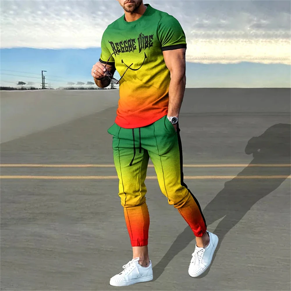 Men\'s Trousers Tracksuit 2 Piece Set Fashion Casual Sportswear Summer Streetwear Short Sleeve T Shirt Long Pants Male Clothing