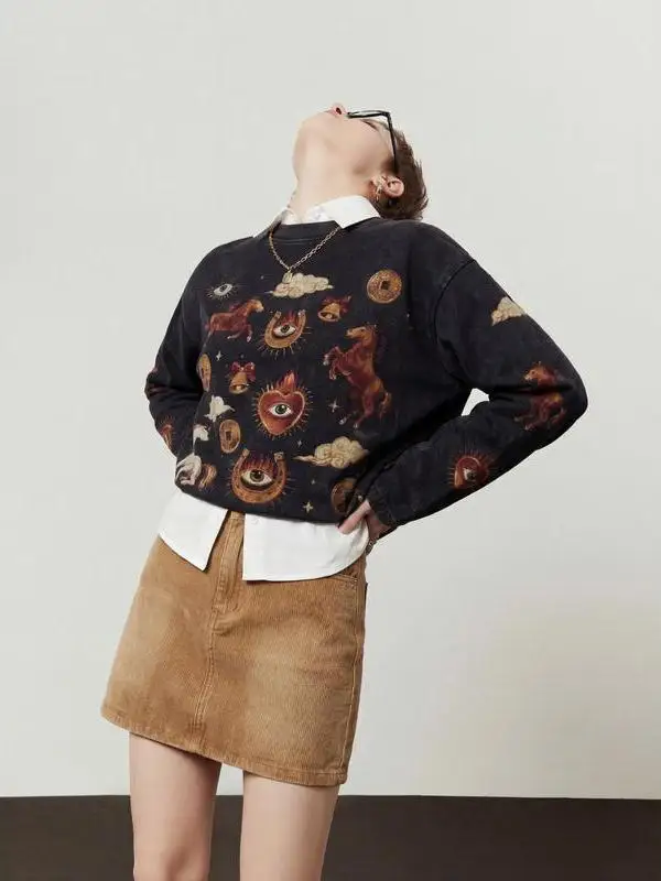 

Bla Printed Loose Long Sve T-irt Women's Spring New Sle Vintage Wind Casual Comfortable Fit Faion Ladies Top