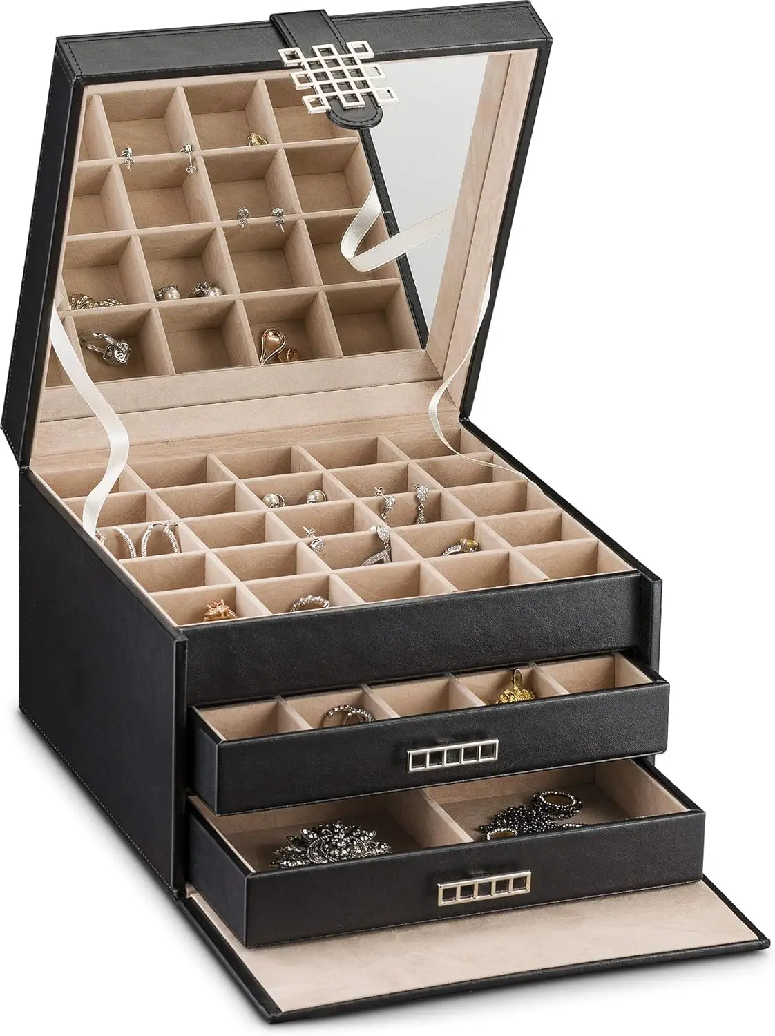 

Earring Organizer Holder with 50 Small & 4 Large Slots, Jewelry Box with Drawer, Mirror, 3 Trays, PU Leather, Black