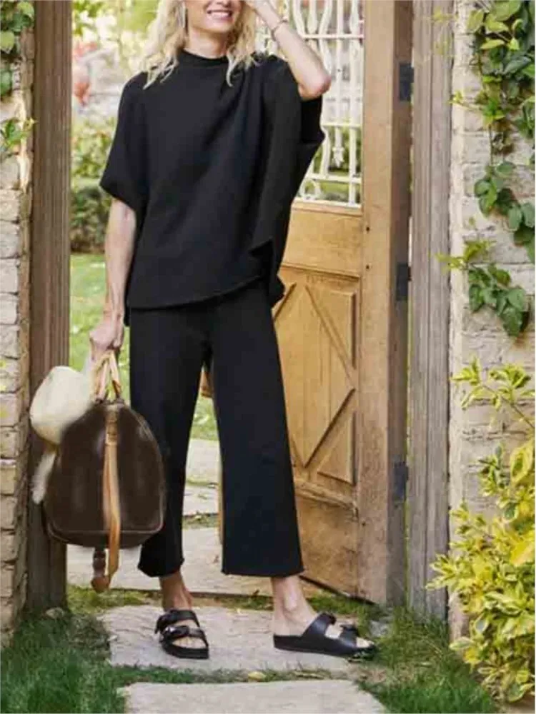 

Fashionable O-neck Bat Sleeve Top + Pants 2-piece Set For Women Autumn Elegant Casual Loose Solid Color Office Suit Female