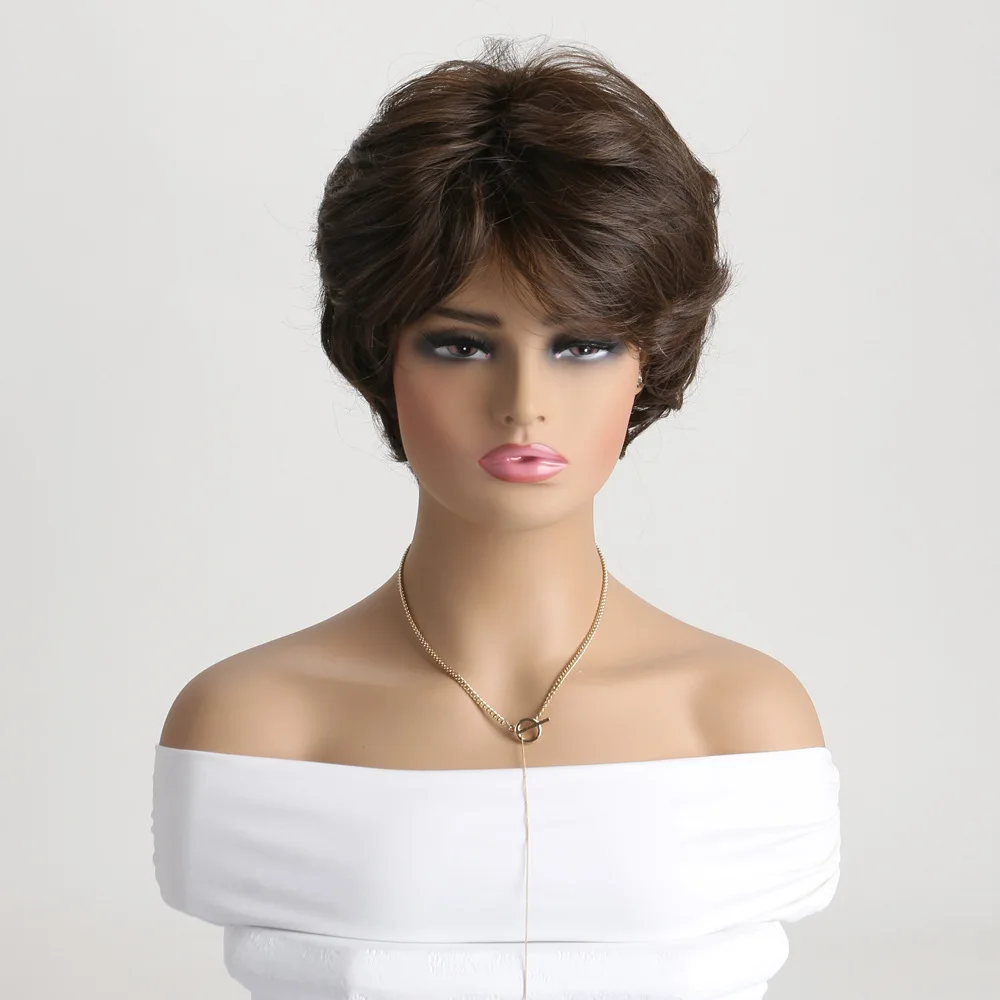 Natural Wavy Synthetic Hair Wigs For Women Pixie Cut Short Wig with Bangs Brown Blonde Wig Female Heat Resistant Wig Woman