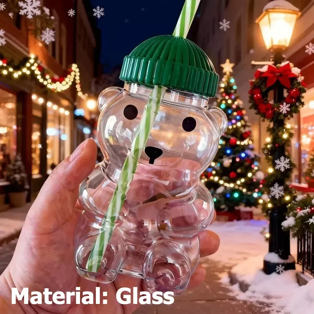 كوب بقشة الدب الجديد 2025، كوب زجاجي لطيف مع قش قابل لإعادة الاستخدام - تصميم حيوانات فيروسية للعصائر والقهوة المثلجة والقهوة المثلجة Chr