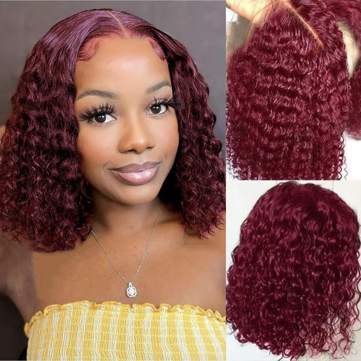

Kinky Curly 99J Lace Frontal Wigs With Baby Hair Bob Wigs Human Hair Lace Front Short Curly Bob Wigs