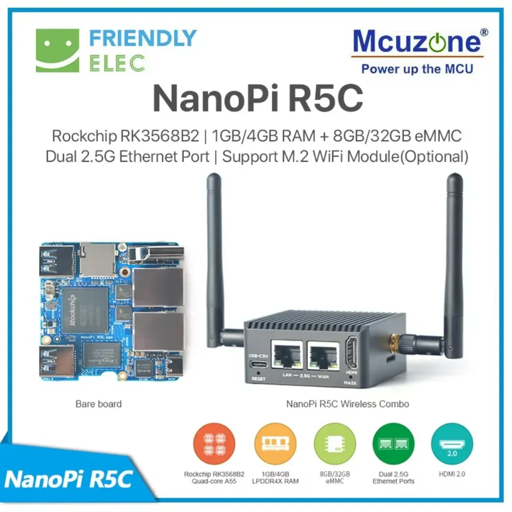 

NanoPi R5C Rockchip RK3568B 4 ГБ ОЗУ 32 ГБ eMMC Двойной порт Ethernet 2,5G Поддержка модуля M.2 WiFi
