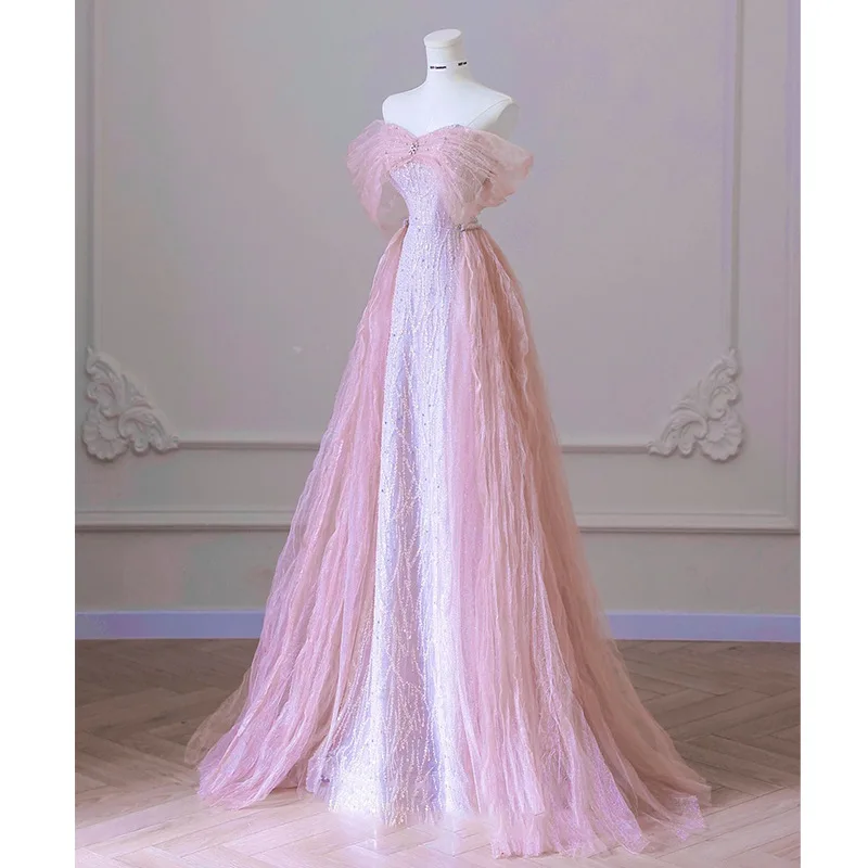 Pink off-Shoulder Beaded Sequins Wedding Dress Evening Party Gown with Detachable Tulle Train Birthday Dresses Vestidos