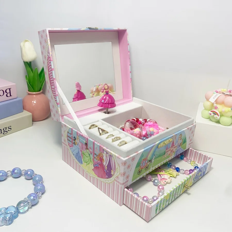 Jewelry Box Wooden Gifts of Music Box Castle Princess Design with Drawer Girl's Musical Jewelry Storage Birthday Box Gift for Ki