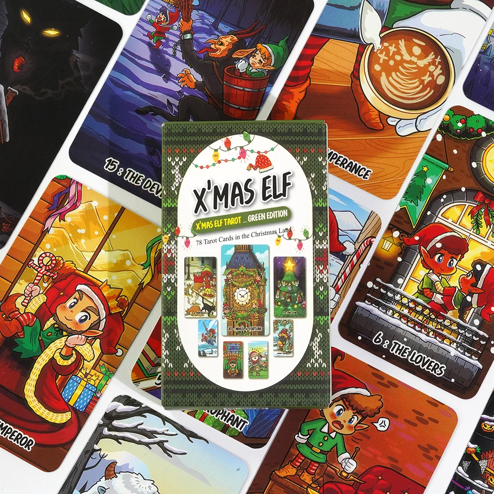 X\'mas Elf Tarot Green Edition 78 piece deck of traditional tarot with Keywords Witchy Beginner Tarot Learning Tarot