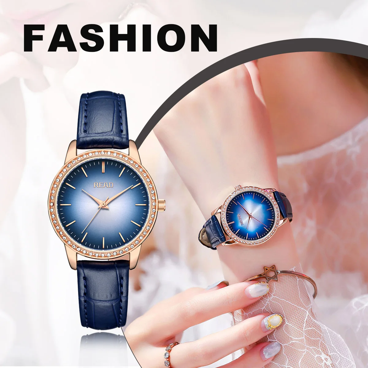 READ Women Analog Quartz Wrist Watch | Blue Leather Strap | Daily Water Resistant | Elegant Casual Ladies Dress Wrist Watch