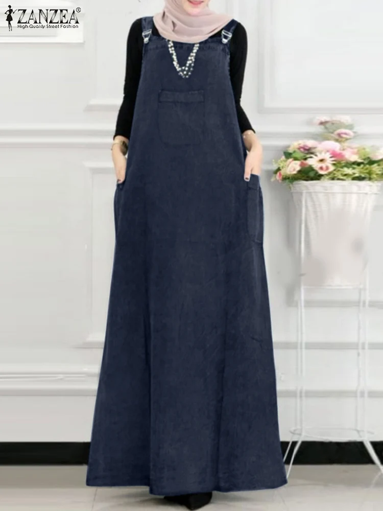 

ZANZEA Women Spaghetti Strap Denim Blue Sundress Casual Overalls Dress Vintage Ramadan Muslim Dresses Abaya Islamic Clothing