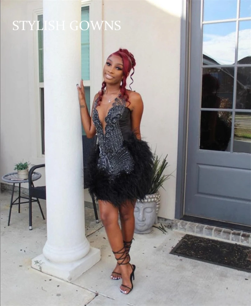 Sexy Short Prom Dresses For Black Girls Beaded Birthday Party Dress Crystal Feathers Mini Cocktail Homecoming Customized