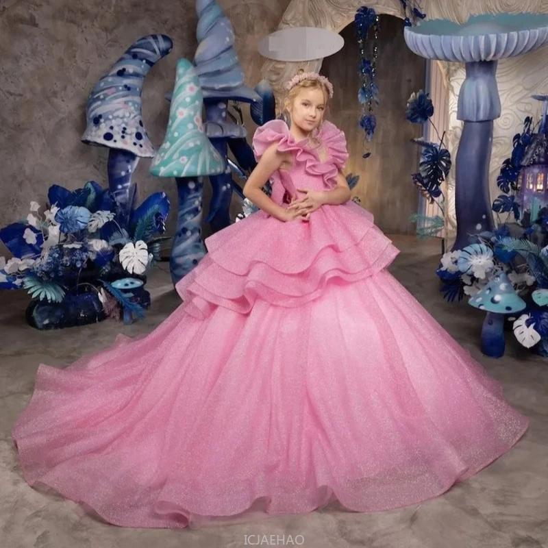 Pink Sleeveless Princess Flower Girl Dress Long Train Wedding Gown Kids Birthday Party Piano Pageant Ball Gown European Style