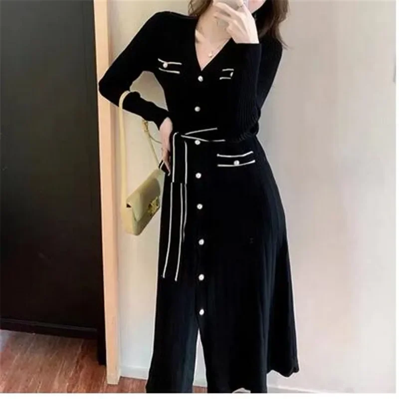 

Autumn Single-Breasted Casual Pullover Sweater Vestidos Elegant Simple Office Dress Women's V-Neck A-Line Dresses