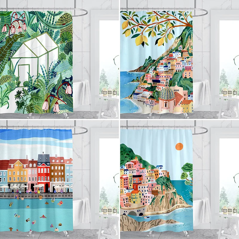 

Окрашенные приморские здания, моющаяся, грязеотталкивающая занавеска для душа, насадка для душа, водонепроницаемая полиэстеровая занавеска для ванны для домашнего декора
