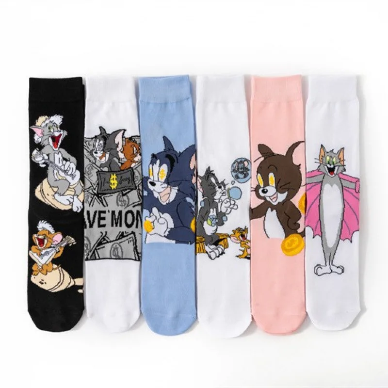 Calcetines bonitos de Tom y Jerry con diseño de dibujos animados, calcetines unisex a la moda para las cuatro estaciones, calcetines cómodos y transpirables, regalo de fiesta de cumpleaños