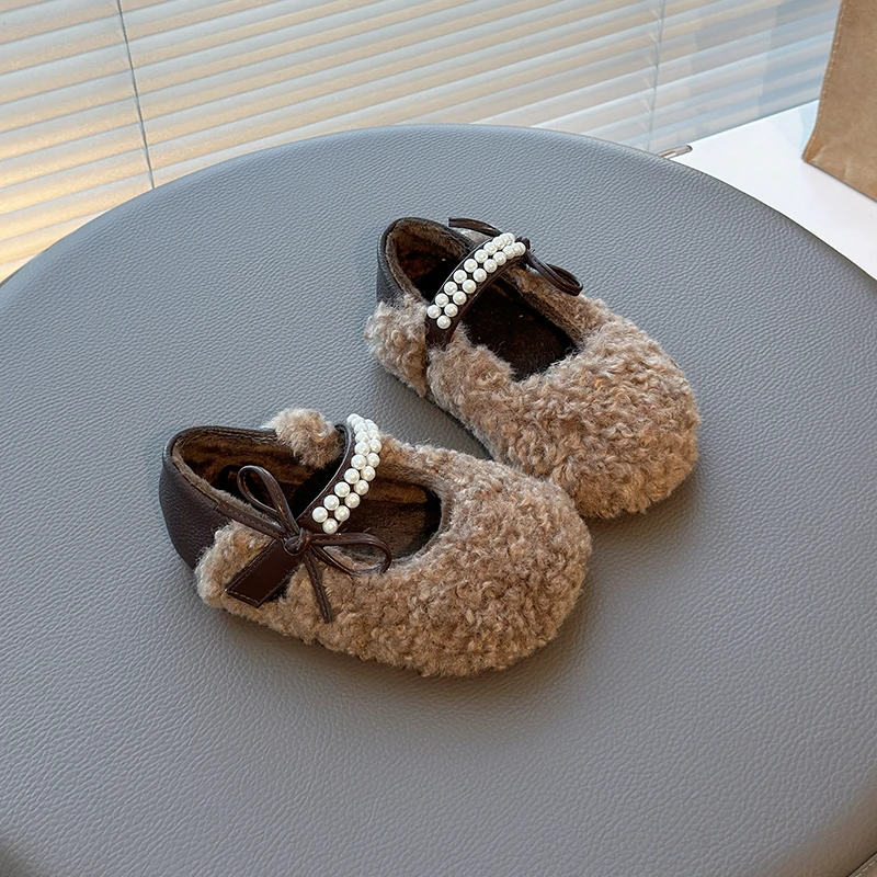 الفتيات الفراء أحذية ليوبارد القوس اللؤلؤ طفل أحذية قطنية 2-16 سنة الكاكي شقة عدم الانزلاق الأطفال ماري جين أحذية الفتيات أحذية أطفال طويلة الرقبة #2