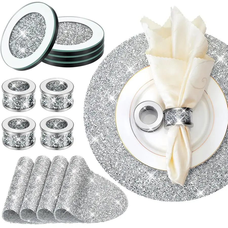

12 шт. серебряные кольца для салфеток, серебряные подставки для столовых приборов со стразами, набор стеклянных зеркальных подставок, в комплект входит 4 круглых салфеток, 4 стеклянных подставок 4