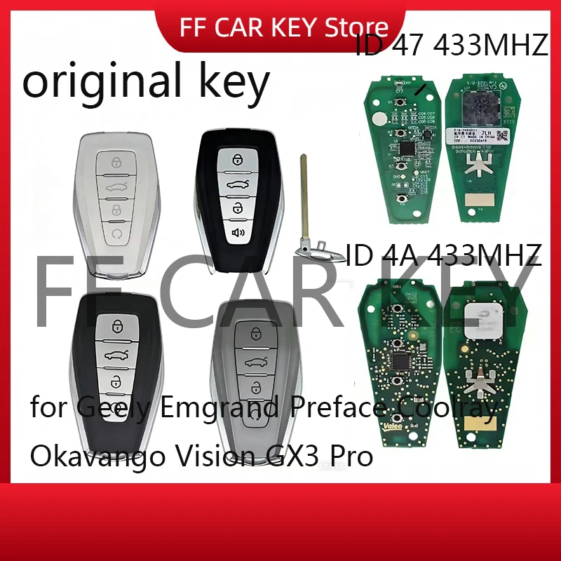 

for Geely Emgrand Preface Coolray Okavango Vision GX3 Pro Original Smart Remote Key Keyless ID4A ID47 Chip 433MHz