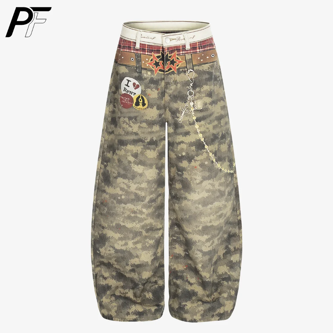 

Camo Print Wide Leg Pants Y2K American Style Patchwork Baggy Badge Applique Chain Distressed Washed Loose Fit Casual Streetwear