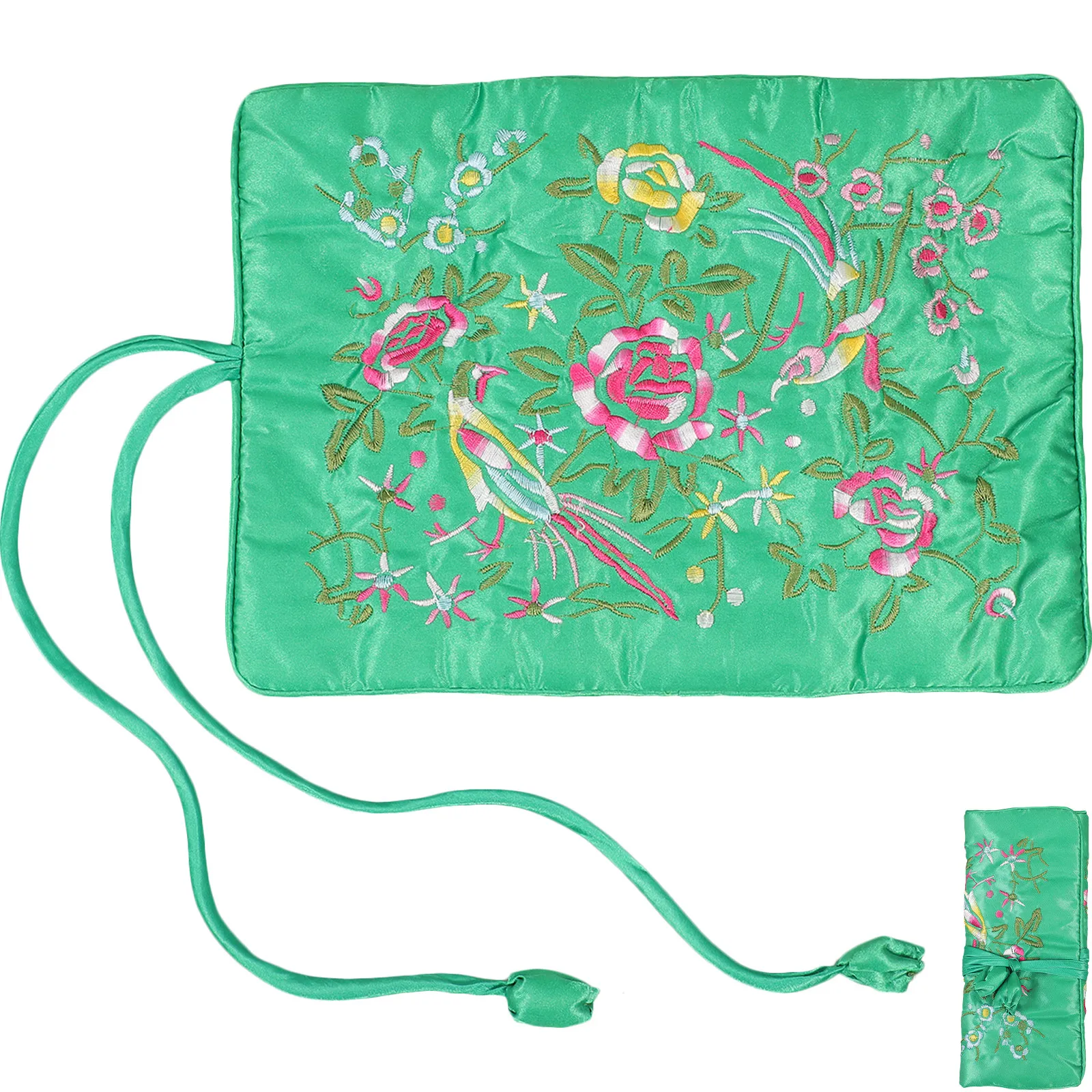 

Сумка-органайзер для украшений ручной работы с вышивкой, зеленая, с несколькими карманами, для хранения серег и ожерелий, дорожный органайзер