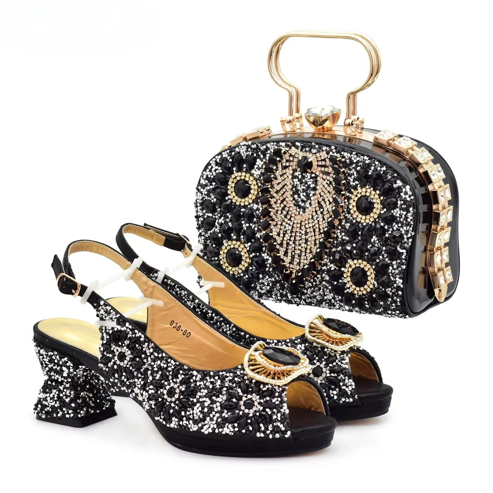 

New Design Fashion Party Shoes and Bag Match for Women Latest Italian Matching Shoes and Bag Set Decorated with Rhinestone