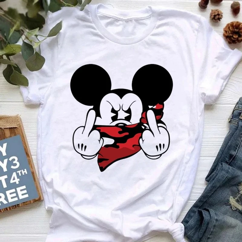 Cartoon Disney T-shirt Women's Fashion Summer Harajuku Mickey Mouse Short Sleeve's Couple Card Waii Minnie Printed T-Shirt Tops