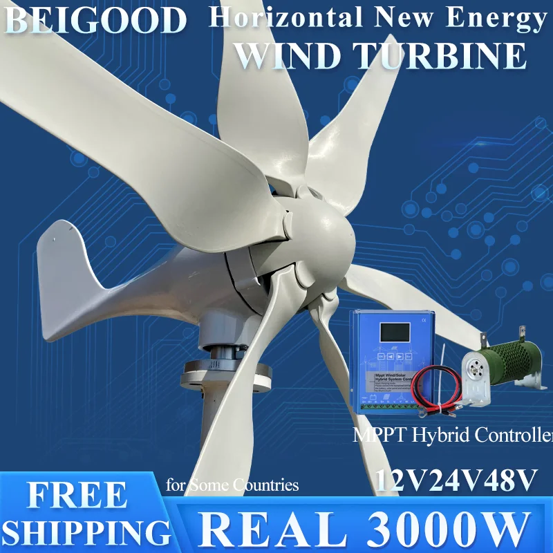 Free Energy 3000W 6Blades 3000W 6Blades 12V 24V 48V Horizontal Axis Wind Turbine Generator Complete Set For Home Farm Boat