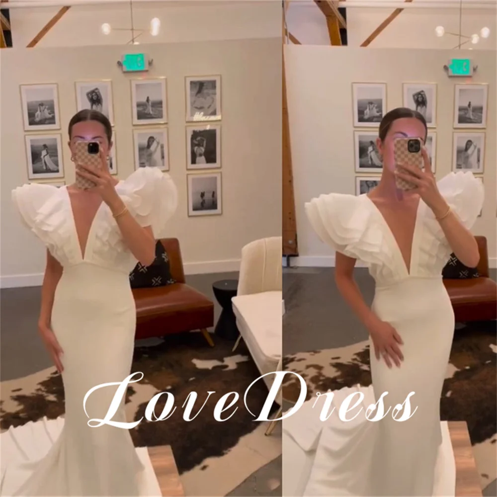 

Charming Deep V-Neck Pleats Flying Sleeves Stain Wedding Dress Elegant Mermaid Floor Length For Women Sweep Train Robe de mariée