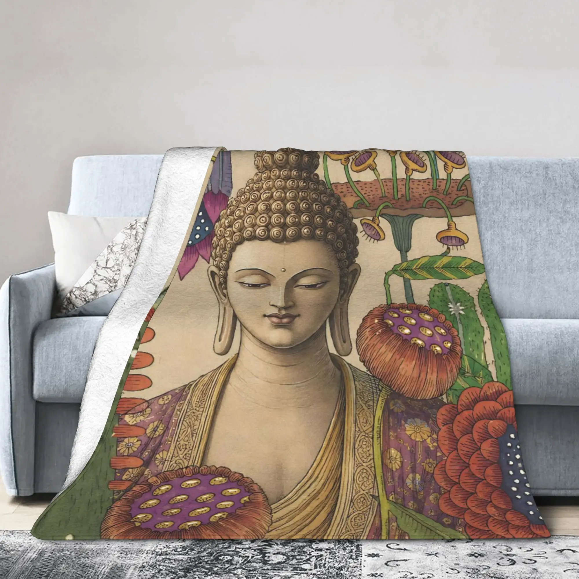 Buddha Lotus Zen Meditation Knitted Blanket Flannel Y2K Harajuku Lightweight Throw Blanket for Outdoor Travel Bed Rug