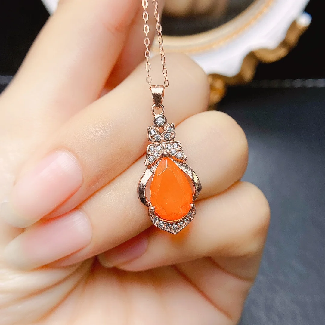 Antique Rose Gold Style Natural Fire Opal Pendant in 925 Sterling Silver Pear 8x13mm Orange Red Opal Pendant Necklace For Women