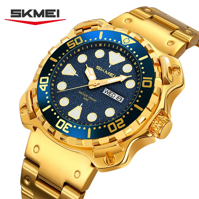 

SKMEI 9385, кварцевые часы с зеленым циферблатом, мужские часы, золотые часы с функцией даты и недели, стильные спортивные наручные часы для мужчин, ремешок из нержавеющей стали