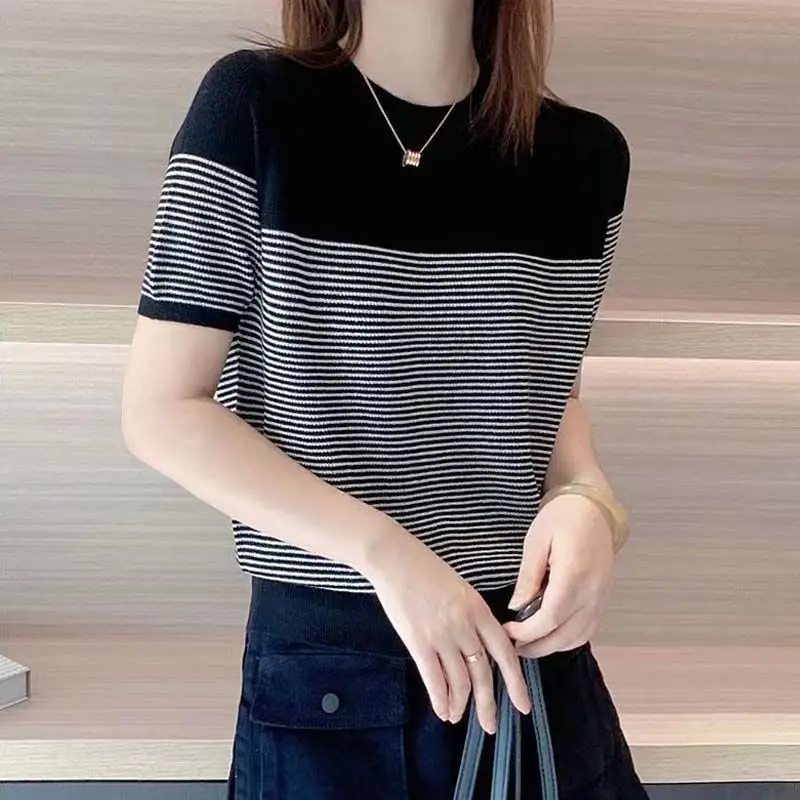 Korean Striped Knitted Pullovers Female Clothing Spliced Short Sleeve Summer Commute Casual Round Neck All-match Loose T-shirt