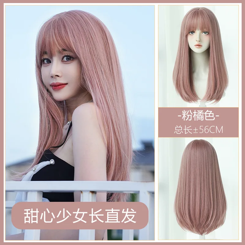 Women's , full head style, internet celebrity long straight hair with air bangs, pink , fashionable wig - view 6