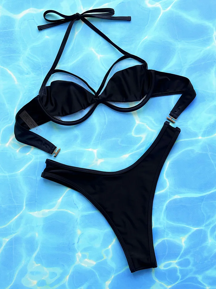 Women One Piece Swimsuit Summer Sexy Bikinis Black Swimwear Bather Halter Backless Bathing Suit Swim