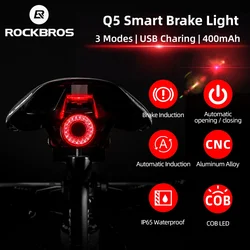 ROCKBROS Smart Bicycle Rear Light Auto Brake Sensing IPX6 Waterproof Cycling Tail Lamp LED USB Charging Safety Bike Taillight Q5