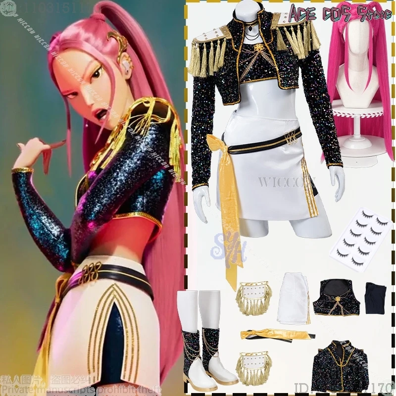 

Huntrix Mira Cosplay Kpop Demon Anime For GOLDEN Stage Uniform Black Coat White Mini Dress Kawaii Jirai Kei Girls Korea Idol Cos