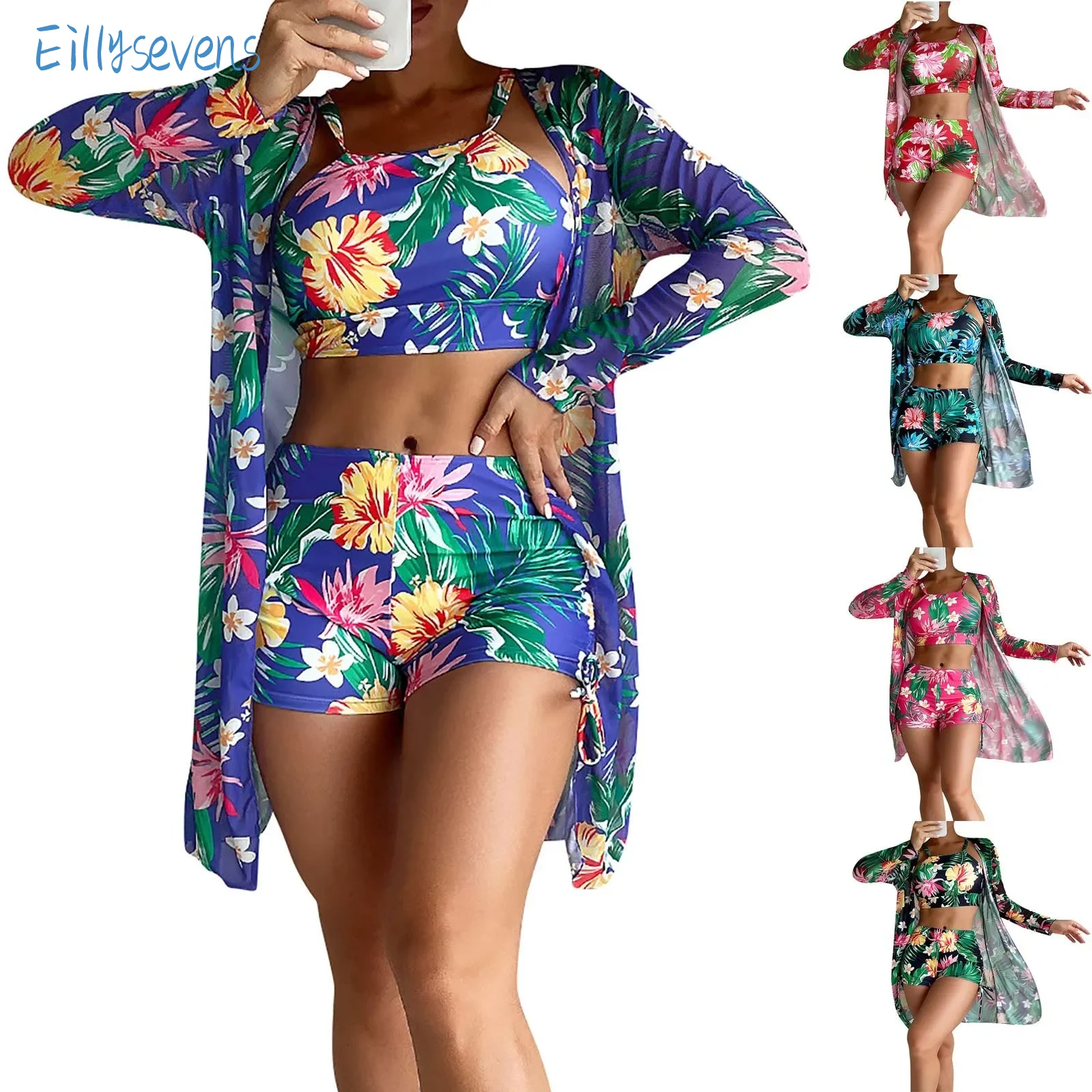 

2024 Summer Women Swimsuit 3 Pieces Printed Padded Tank Tops Boyshorts Set With Mesh Long-Sleeved Cover Ups Holiday Beach Suit