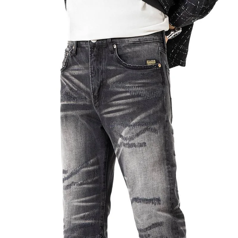 

2025 autumn new heavyweight high-end retro scratch mark design jeans men's nostalgic elastic straight leg pants