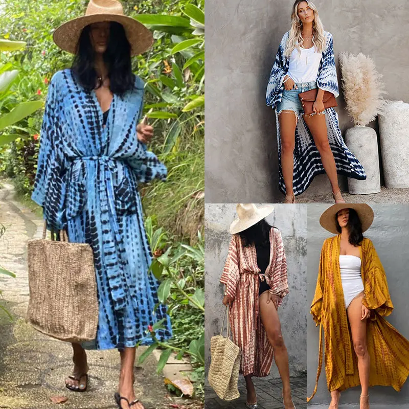 Women Swimsuit Beach Cover Up Dress Kaftan Beach Tunic Long Pareos Bikini Cover Ups Summer Vacation Robe Plage Beachwear Kimono