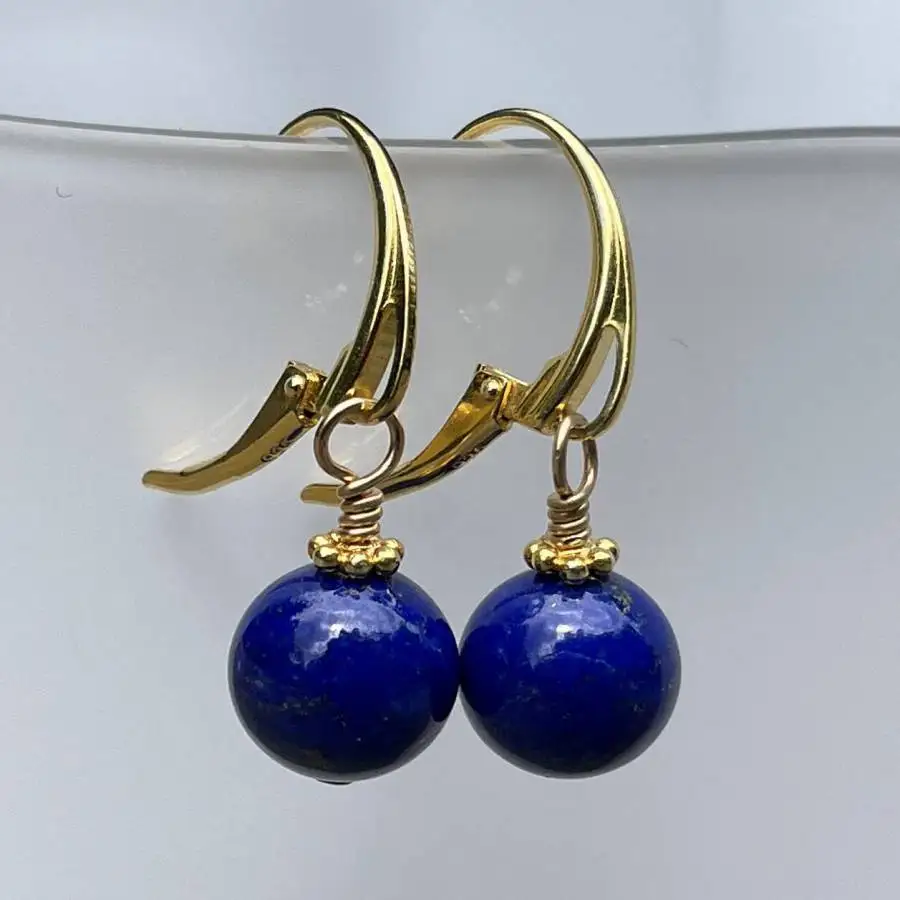 Women Round Lapis Lazuli Dangle Leverback Earrings Gold Clasp Drop Earrings Vintage Boho Natural Stone Minimalist Handmade