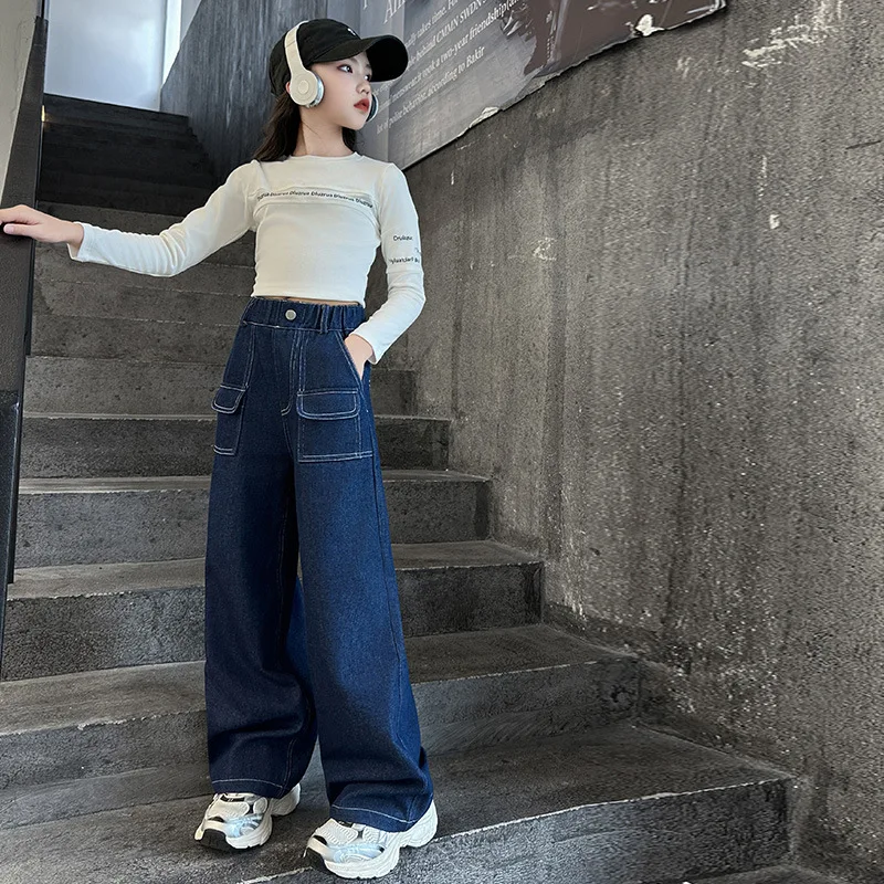 Girls Jeans Trousers Children 2024 New Autumn Collection Fashion Blue Bottoms Simple Casual Pants Korean Simple Style Trousers