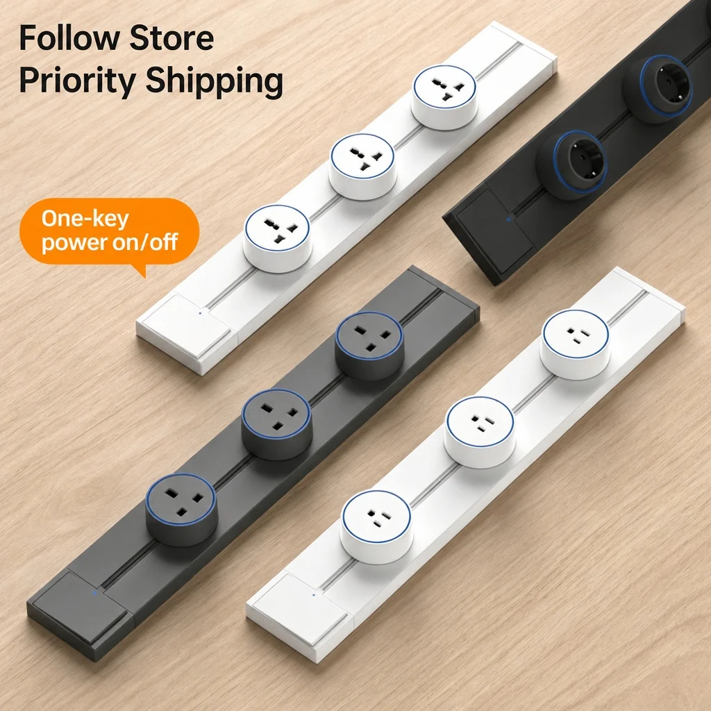 White Slidable Power Rail Track Socket Movable Power Strip for Home Kitchen Surface Mount Compatible with EU FR UK US Italy