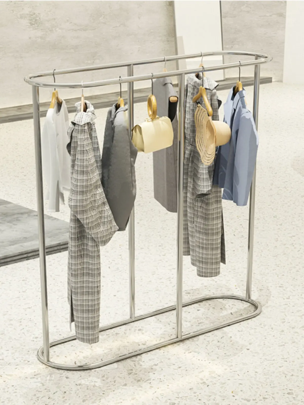 New clothing store floor-to-ceiling stainless steel double-row middle island rack oval middle island shelf display rack